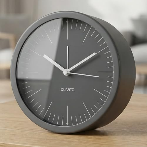 MIJOMA Tischuhr mit Weckfunktion – 15 cm Metallgehäuse & Glasfront – modernes Design, batteriebetrieben – leises Quarzwerk, stilvolle Deko für Büro, Schlafzimmer, Wohnzimmer (Dunkelgrau)