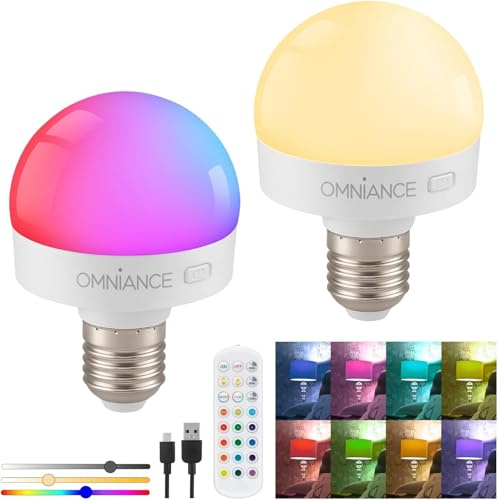Omniance Rechargeable LED Light Source Bulbs, Remote, E27 Adaptor, 2 Pack | Cordless colour changing dimmable, magnetic mounting, 30 60 120 minute timer, for shelves, cupboards and reading