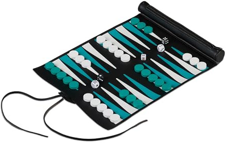 Relaxdays Komplett set för att spela backgammon, rulla upp, bricka L x D: 30 x 24,5 cm, svart och turkos