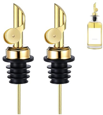Shwdsy 2 Piezas Vertedores de Tapón, Vertedores de Acero Inoxidable, Junta de Sellado TPR Vertedores de Aceit, Dorado, Apto para Vino, Aceite de Oliva y Especias Líquidas para Uso Doméstico