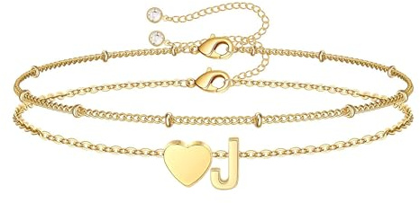 SLOONG Armband Damen Gold, 18K Gold Vergoldet Herz Armband mit Buchstaben Personalisiert Geschichtet Armbänder Verstellbares Armkette Goldschmuck Teenager Mädchen Geschenke für 4 5 6 7 8 9 10 Jahre