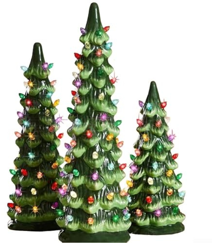 Albero di Natale da tavolo in stile retrò dipinto a mano con LED, in ceramica verde lucido, decorazione natalizia per scrivania, caminetto o mensola, 10/15/20 cm (set)