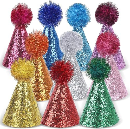 Foonary 10 Stück Mini Tier-Partyhüte – Verstellbare Glitzerhut Mit Pompoms, Für Katzen, Hunde & Kuscheltiere, Liebevolles Design, Partydekoration Für Kinder, Erwachsene, Geburtstag & Silvester