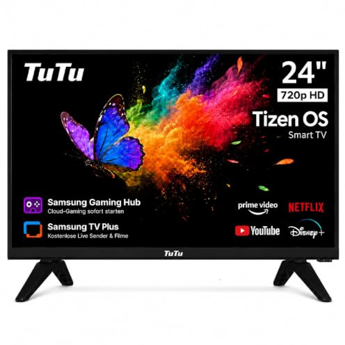 TuTu TU24Q1H-T8 Smart TV 24 Pulgadas (60 cm), LED Televisor con Tizen OS, Wi-Fi, Bluetooth, App Store, Airplay, Sintonizador Digital, Prime Video, Netflix, Pluto TV y Más