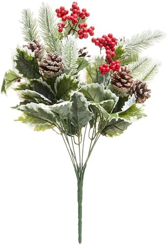 Admired by Nature 10 Stem Artificial Holly Leaves Berries Bush for Christmas Decorations Home Decor, Fake Flowers, Holiday Bush, Indoor Floral Arrangement, Christmas Cemetery Flowers