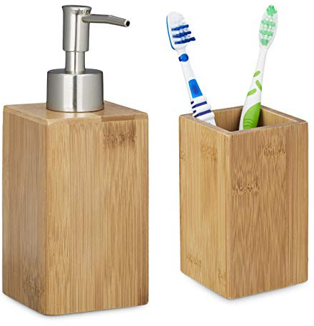 Relaxdays Set 2 Accessori Bagno, in bambù, Dispenser Sapone Ricaricabile, Portaspazzolini, Naturale