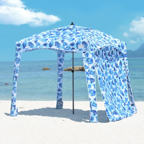 Qipi Beach Cabanas for Sand, Beach Canopy with Sandbags & Side Wall for Family, Easy Set Up Sun Shelter, UPF 50+ UV Protection with Roof Vent 6' x 6' A-Sea Life