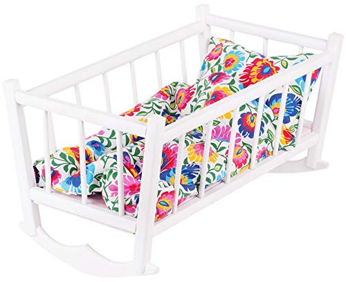 Puppenwiege Bett Retro Nostalgie Spielzeug Holzspielzeug Holzbodenwiege Naturholz mit Textilausrüstung Bettwäsche Matratze Kopfkissen Bettdecke Wiege für Puppen