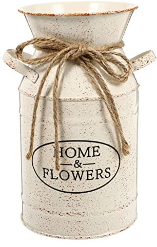VICASKY Jarrón de flores vintage, rústico, jarra de leche, maceta Shabby Chic estilo francés, jarrón de metal, cubo de flores con asa, para casa, oficina, balcón, decoración, color beige
