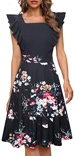 HOMEYEE Damen Elegant Rüschenärmel Rockabilly Knielang Blumen Party Cocktailkleid mit Taschen A312 (L, Schwarz + Blumen)