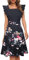 HOMEYEE Damen Elegant Rüschenärmel Rockabilly Knielang Blumen Party Cocktailkleid mit Taschen A312 (L, Schwarz + Blumen)