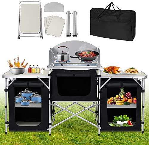 LZQ Faltbar Campingschrank Campingküche Klappbar Camping Küche mit Aluminiumgestell Spüle inkl. Tragetasche, Tragbar Campingküche Schrank für Camping Garten Balkon Party Reisen (Type A)