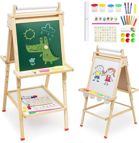 Kids Easel with Paper Roll Double Sided Chalkboard Whiteboard Toddler Wooden Painting Art Standing Easel Height Adjustable with Storage Tray Letters Numbers and Other Accessories