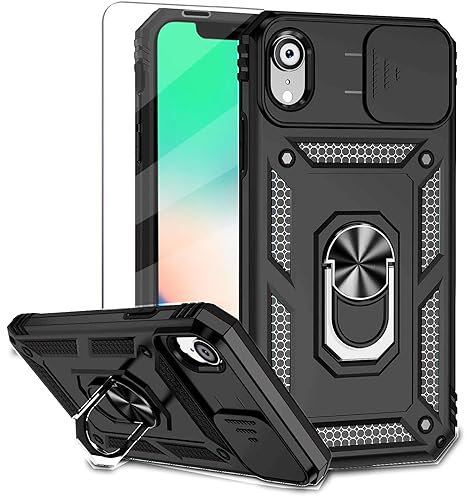 Teayoha for iPhone XR Phone Case, with Screen Protectors and Camera Cover, Military Grade Shockproof Cover with Magnetic Rotatable Ring Kickstand Protective Case for iPhone XR 6.1'',Black