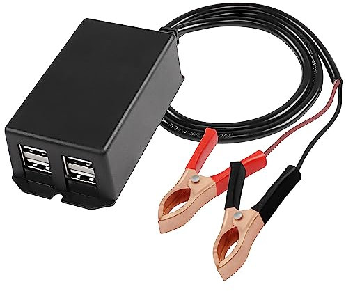MEIRIYFA Convertisseur CC avec pince crocodile - Adaptateur de charge USB pour moto, 12 V 24 V à 5 V 3 A - 4 ports USB - Chargeur rapide pour téléphones et tablettes - 70 cm