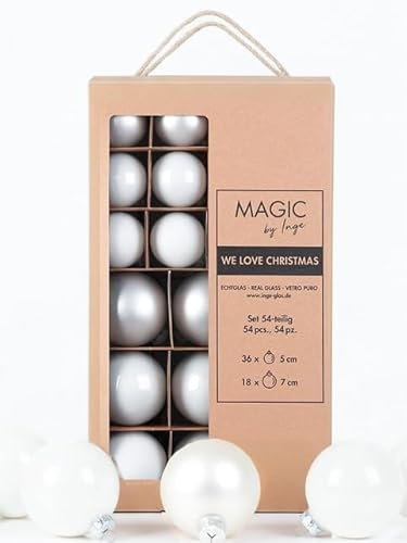 Inge Glas Weihnachtskugeln | Große Kugelbox mit 54 Kugeln | 5cm & 7cm große Christbaumkugeln (Just White | weiß)