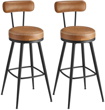 VASAGLE Collection - 360?Swivel Bar Stools Set of 2, Counter Chairs with Backs, Synthetic Leather with Stitching, Mid-Century Modern, 76 cm Tall, Kitchen Home Bar, Caramel Brown EKHO LBC889K88