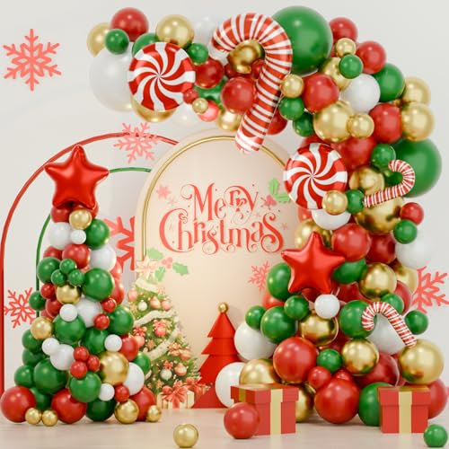 Kit Arco Palloncini Natalizi, 127 Pezzi Ghirlanda Palloncini Natale Rosso Verde Oro con Palloncini Foil Bastoncino Di Zucchero Stella Caramella, Palloncini Rosso Verde per Festa Natale Riutilizzabile