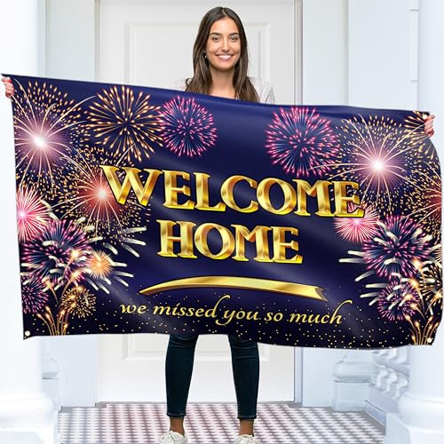 Cartel de bienvenida a casa – Cartel de bienvenida – Decoraciones de bienvenida para el hogar – 5 pies x 3 pies con imagen de globo de bienvenida – Impresión digital vívida – poliéster grueso 110Den –