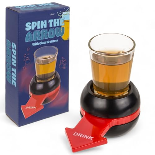 MIJOMA Jeu à boire Spin The Arrow - Flèche rotative et verre à liqueur - Jeu de fête pour adultes - Idéal pour les anniversaires et les fêtes dans le jardin