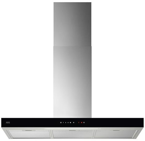 AEG Dunstabzugshaube Serie 6000 mit Lüften-Funktion 90cm – Kaminhaube mit Glas – Ab- und Umluft – max. 730 m³/h im Abluftbetrieb mit max. 74 dB(A) – Touch-Bedienung – Edelstahl – GB67D91HL