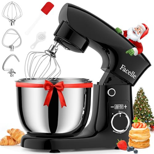 Batidora Amasadora Reposteria 1500 W, Facelle 5,5L & 4,5L Amasadora de Pan Multifunción, 10+P Robot de Cocina Amasador con Batidor, Batidor Plano, Gancho Para Masa y Protector Contra Salpicaduras