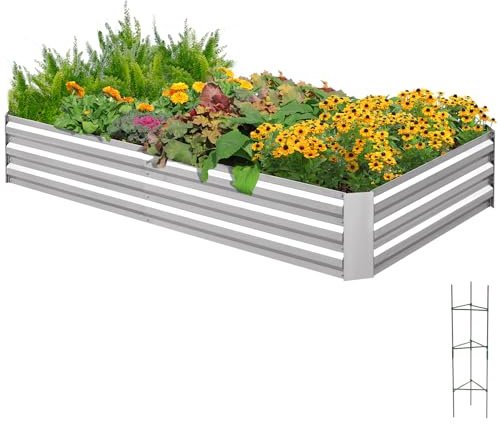 Quictent Hochbeet Metall Pflanzbeet,Frühbeet Ohne Boden für Garten,Gartenbeet 180 x 90 x 30cm,Frühbeet Pflanzkübel mit Tomatenkäfigen,Silber