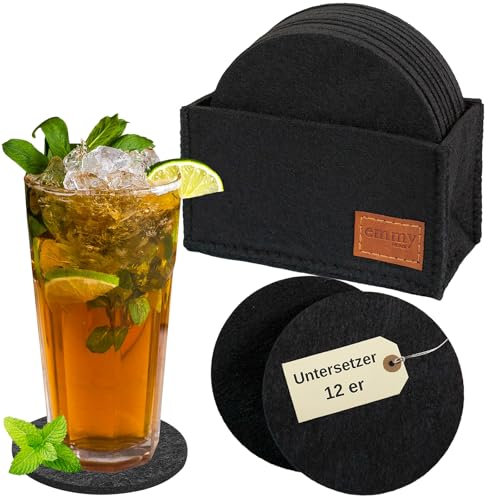 Emmy Home Untersetzer Gläser – 12er Set Filz Bierdeckel Glasuntersetzer Getränke für Gläser - Schwarz 12er