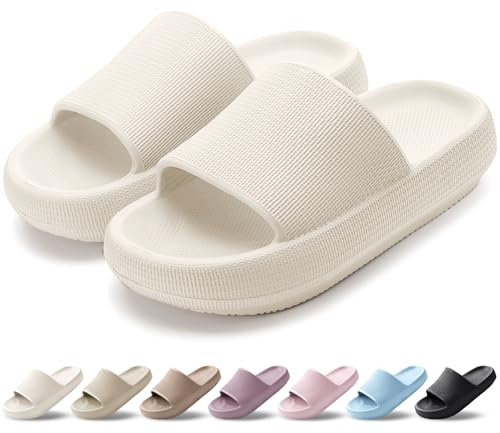 HEOAARG Badelatschen Herren Damen Rutschfest Badeschlappen Wolke Weich Schlappen Slippers Sommer Pantoletten Badesandalen Cozislides Flip Flops Innen/Außen，Beige，39-40 EU
