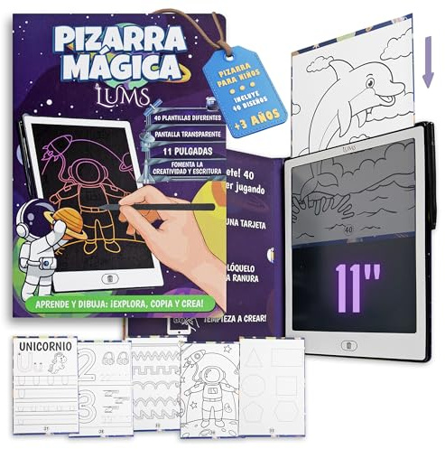 LUMS Pizarra Mágica infantil 11 Pulgadas - 40 Tarjetas con Números, Letras, Figuras y Dibujos - Plantillas Gratis Descargables - Regalo Educativo y Creativo para Niños 3-6 Años - Juguete Montessori