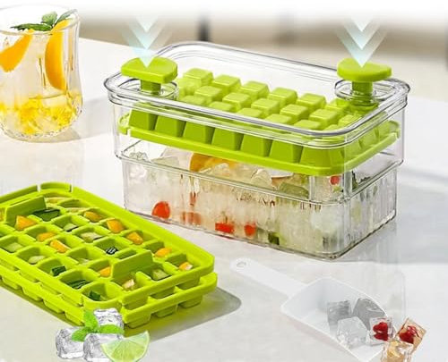 Vassoio per Cubetti di Ghiaccio, Stampo Ghiaccio con Coperchio e Contenitore, 84 Griglie, con Pala, Rilascia Tutti i Cubetti Ghiaccio in un Secondo, per Cocktail, Whisky, Bevande