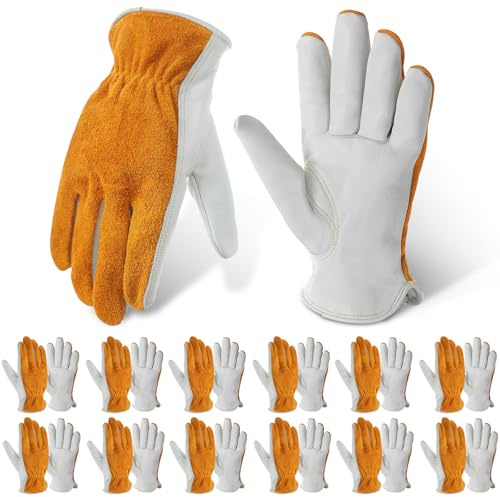 Bunnycool 12 Pairs Bulk Leather Work Gloves for Driver for Men or Women Welding Gloves for Truck Driving, Construction, Warehouse, Gardening, Automotive Repair, Cowhide(Yellow, White)