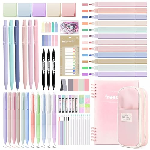 Focxoio 123 PCS Aesthetic Stationery Supplies with Pencil Case & Notebook, 12 Pastel Highlighters, 11 Gel Pens, 6 Mechanical Pencils Set 0.5 & 0.7 mm, Students Stationery College Essentials