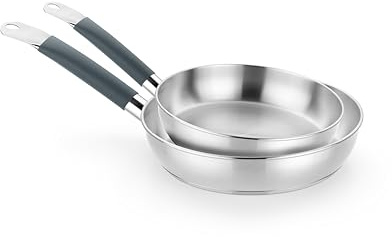 BRA Master | Set de sartenes 24-28 cm, acero inoxidable, Sin Antiadherente, Sin PFOA, Full Induction, Apta para todo tipo de Cocinas, Mango acero inoxidable recubierto de Silicona