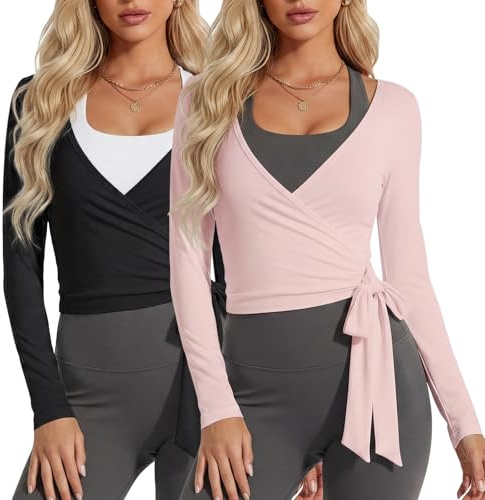 Coume 2 Pack Women s Ballet Pilates Wrap Top Long Sleeve Tie Front Shrug Yoga Shirt Y2k Workout Active Blouses Crop Tops(Black/Pink,Medium)