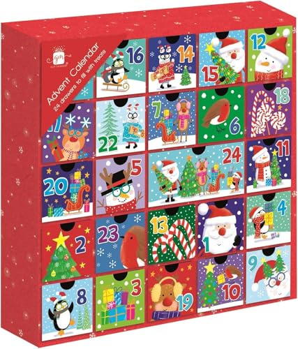 Fill Your Own Advent Calendar with Drawers – 27cm x 27cm Cute Festive Santa & Friends Contemporary Christmas Countdown Box – Reusable Cardboard Design with 24 Pull-Out Compartments for Kids & Adults
