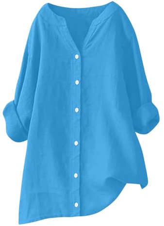 KHIRVWL Top Lino Donna Scollo a V a Maniche Lunghe Camicie Donna Manica Lunga Bluse Elegante Estiva Primaverile Taglio Regolare per Ufficio Tempo Libero Viaggi Disponibile
