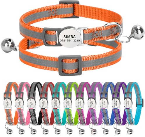 Personalised Reflective Cat Collar with Name Tag,Quick Release Kitten Collars with Bell Safety Buckle, Adjustable Nylon Cat Collar for Cats Kittens UK Prime (19–30 cm, Orange Strip)