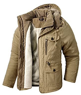 Mr.Stream Homme Hiver Jacket Mi-Longue Parka Veste Capuche Chauds Couleur Unie Multi Poches Sherpa Cachemire Manteaux XL Khaki