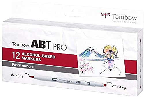 Tombow ABTP-12P-2 Marqueur à base d'alcool ABT PRO à deux pointes, set de 12 pièces, Pastel Colors