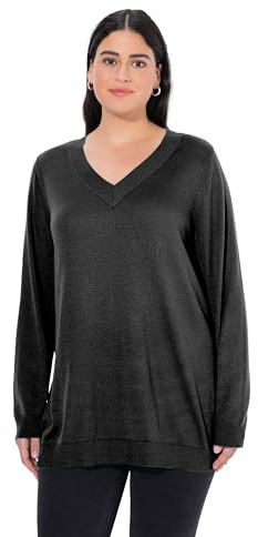 Ulla Popken Suéter de Punto Fino Suave para Mujer, Cuello en V, Manga Larga, Negro, 64-66