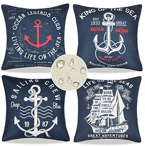 Kissenbezug Outdoor Wasserabweisend Kissenhülle Navy Blau 40 x 40 cm Kissenbezüge Sommer Ozean Anker Segelboot Muster Dekorativ 4er Pack Leinen Kissenhüllen Für Wohnzimmer Garten Sofa Couch Kissen