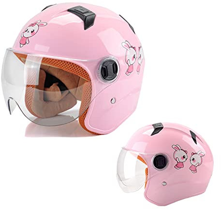Kinder Motorradhelm, Jungen und Mädchen Rollerhelm, Mofa Helm, Jethelm mit Sonnenblende, Fahrradhelm, rosa Hase, Geeignet für einen Kopfumfang von 48–56 cm.