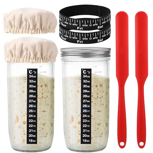 Sourdough Starter Jar Kit, Replacement Set for Sourdough Starter Jar Glass Jar Fermentation Time Strap Thermometer Silicone Spatula Cloth Lid Bread Starter Kit for Kitchen Home