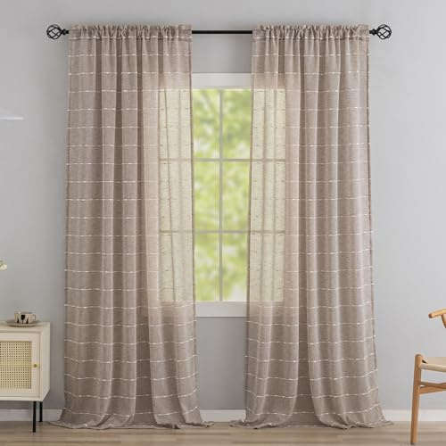 Conkov Sheer Curtains for Living Room 90 Inches Long Brown Thick Linen Textured Gauze with Striped Pom Pom Shabby Chic Farmhouse Bedroom Privacy Curtains That Let Light in 52 W X 90 L