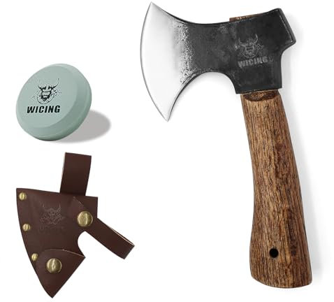 WICING Hatchet, 8 Inches Small Hand Axe 1065 Manganese Steel and Beech Wood Handle with Leather Sheath
