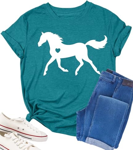 Horse Shirts for Women Horse Riding Tee Shirt Animal Lover Gift Western Country Summer Casual Graphic Tees Tops Blue