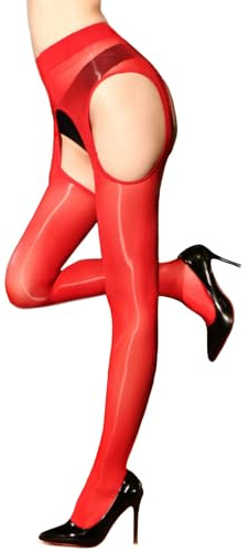 GOCBOBO Shiny Suspender Tights for Women Sexy High Waist Garter Stockings Silky Sheer Suspender Stockings Red