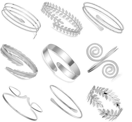 FDEETY Armband Schmuck 9 Stück Legierung Metall Elegantes Schlangenarmband Oberarmreif Set ideal für Festivals Partys und Alltagsschmuck（Silber）