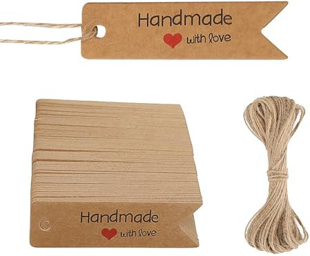 Geschenkanhänger 100 Stück Handmade with Love Anhänger Kraftpapier, Handmade Label mit Jutekordel 20 Meter, Dekorative Hängeetiketten für Weihnachten Hochzeit Geburtstag Ostern Valentinsta Geschenke